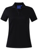 A black short sleeve polo shirt with a collar and button detailing, featuring a logo on the chest.