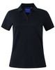A black short sleeve polo shirt with a collar and three buttons, featuring a logo on the chest.