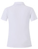 A white short sleeve polo shirt featuring a smooth fabric and a collar, with a branding logo on the back.