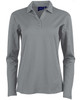 A long sleeve polo shirt in grey, featuring a collar and three buttons, with branding on the neckline.