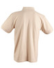 A beige men's polo shirt with a collar and short sleeves, featuring a logo on the back.