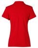 A red ladies' polo shirt featuring a classic collar and short sleeves, with a logo on the back.