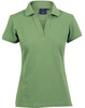 A green ladies’ polo shirt with a collar and a logo on the upper left side.