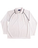 A white long-sleeve polo shirt with black piping and a collar. The shirt features a logo.