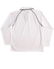A white long-sleeve polo shirt with raglan sleeves, featuring black piping and a logo on the back.