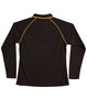 A black long-sleeve polo shirt with contrasting yellow stitching and a collar, featuring a logo on the front.