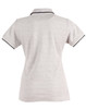 A light grey polo shirt with a black collar and cuff trim, featuring a logo on the chest.