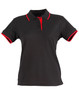 A black polo shirt with red collar and sleeve detailing, featuring a logo on the chest area.