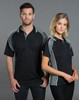 A black and grey men's polo shirt featuring a logo, modelled by a man and woman.