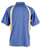 A blue polo shirt with yellow side panels and a collar, featuring branding on the back.