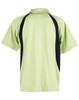 A light green men's polo shirt featuring black side panels and a collar, with a branding logo.
