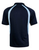 A navy blue polo shirt with light blue accents and a logo on the back. Features a classic collar and short sleeves.