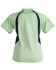 A light green polo shirt with dark navy accents on the back, featuring a logo.