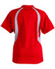 A red polo shirt featuring white accents and a branded logo on the back.