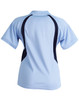 A light blue ladies' polo shirt featuring navy accents and short sleeves, with a logo on the back.