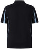 A black short sleeve polo shirt featuring contrasting white accents and a logo on the back.