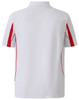 A white polo shirt with red accents, featuring short sleeves and a back view. It has a logo on the upper back.