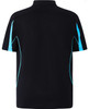 A black polo shirt featuring blue accents and a logo, designed with a short sleeve and mesh detail.