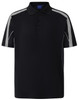 A black short sleeve polo shirt featuring contrasting grey detailing and a logo on the collar.