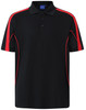 A black polo shirt with red accents and a collar, featuring short sleeves and a logo.