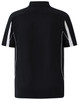 A black polo shirt with white detailing and a logo on the collar. The shirt features a short sleeve design.