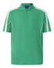 A green polo shirt featuring white accents on the sleeves and a collar. It has a logo on the chest.