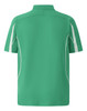 A green men's polo shirt featuring short sleeves and contrasting white piping, with a logo on the back.