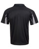 A black polo shirt featuring grey detailing and a logo on the back.