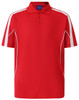 A red polo shirt with short sleeves, featuring white side stripes and a logo on the chest.