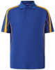 A short sleeve polo shirt in blue with orange stripe accents, featuring a collar and logo.