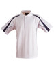 A white short sleeve polo shirt with navy blue side stripes and a logo on the chest.