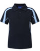 A navy blue kids' polo shirt featuring light blue stripes and a collar, with a logo on the chest.