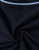 A close-up of navy fabric with a light blue trim, featuring a smooth texture and slight stretch.