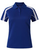 A blue polo shirt with white accents and a logo, featuring a classic collar and short sleeves.