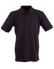 A black polo shirt with a collar and buttons, featuring short sleeves and a logo.
