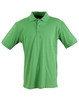 A green polo shirt with a collar and three buttons, featuring a small logo on the chest.