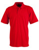A red polo shirt featuring a collar, short sleeves, and a logo on the chest.