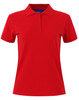 A red ladies cotton stretch polo shirt with a collar and three-button placket. It features a logo on the chest.