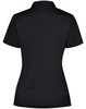 A black ladies' polo shirt featuring a collar and a fitted design, with a branding logo on the back.