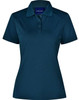 A teal polo shirt with a collared neckline and three-button placket, featuring a logo on the chest.