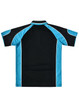 A black polo shirt with blue accents and a logo on the back.