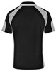 A black polo shirt with grey accents and a logo on the back. Featuring a sporty design and short sleeves.