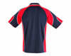 A men's polo shirt featuring a navy blue body with red sleeves and trim, includes a logo.