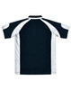 A navy blue and white men's polo shirt featuring a logo. The design includes short sleeves and a collar.
