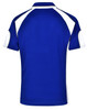 A blue polo shirt with white detailing and a logo on the back.