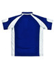 A blue and white men's polo shirt with short sleeves and a logo on the back.