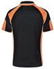 A black polo shirt with orange accents, featuring a plain back and a logo on the side.