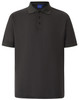A grey men's polo shirt featuring a collar, short sleeves, and a three-button placket. It includes a logo.