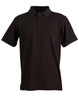 A black polo shirt with a collar and short sleeves, featuring a logo on the chest.