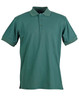 A green men's polo shirt featuring a collar, short sleeves, and a logo on the chest area.